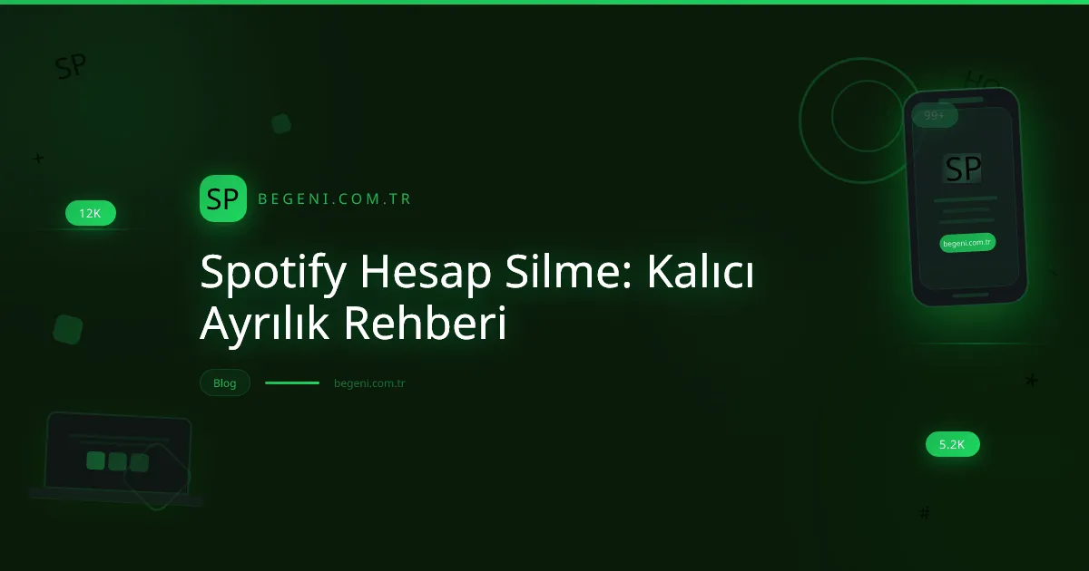 Spotify hesap silme işlemini gösteren, silme ikonlu telefon ekranı ve dijital arka plan görseli.