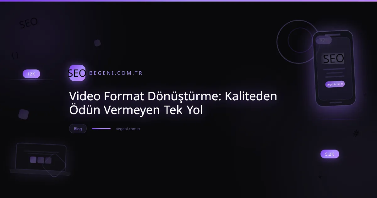Video format dönüştürme sürecini gösteren, dosya simgelerinin dönüştüğü teknolojik görsel.